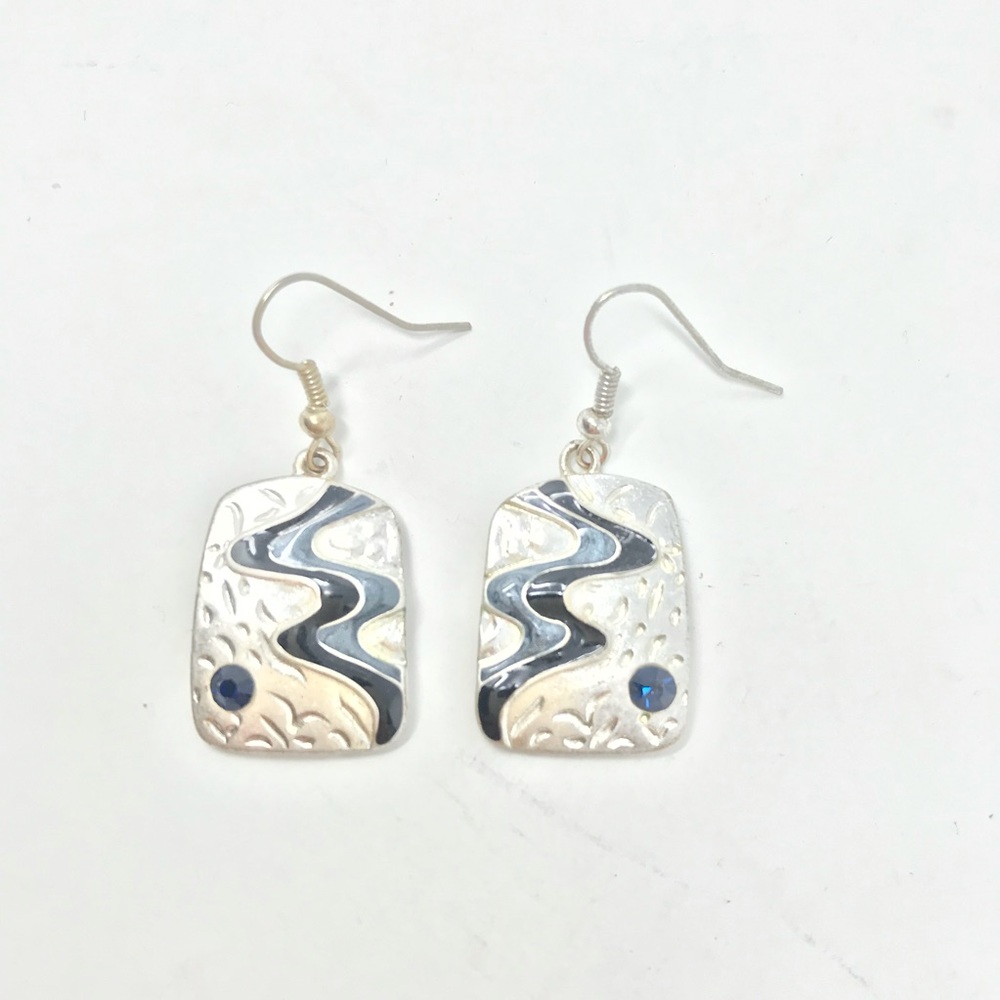 Earrings Silver Drops Enamel Black Blue Waves